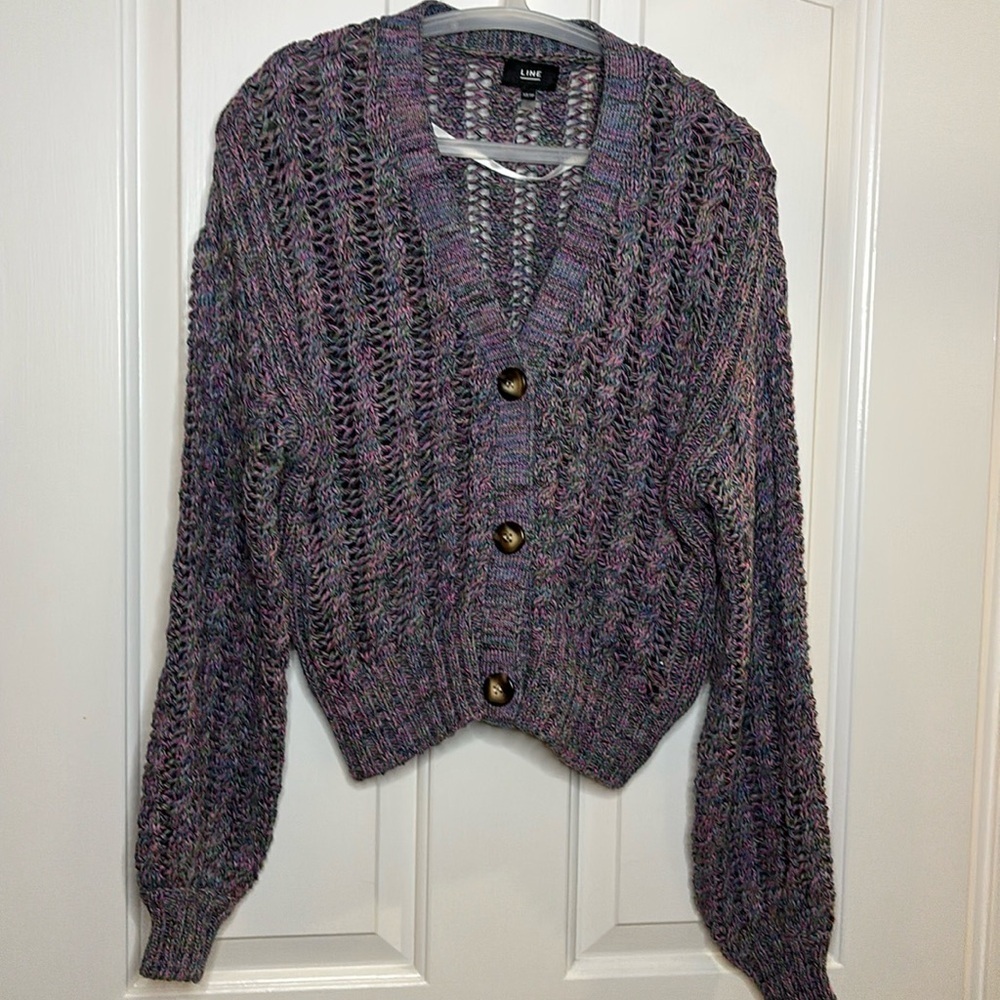 EUC LINE THE LABEL Scarlet crochet knit cardigan size xs in purples/multi color